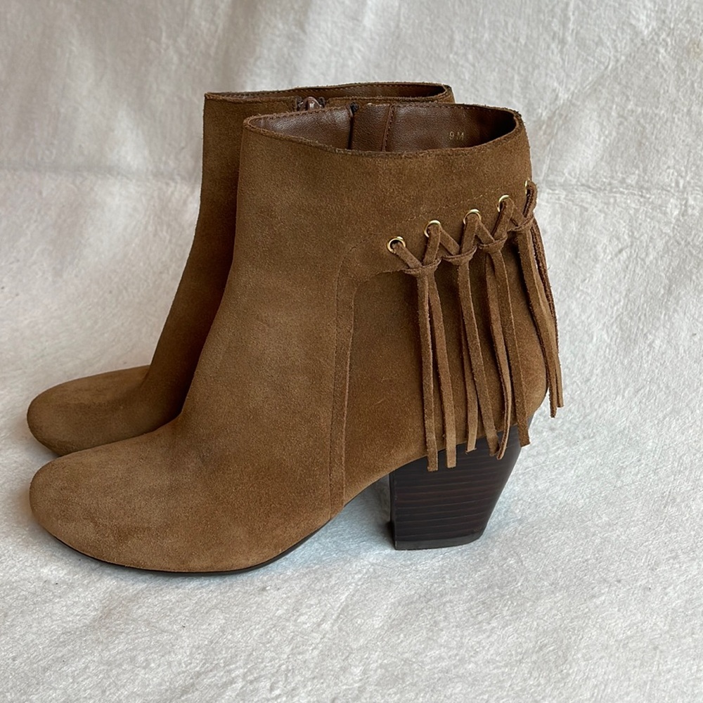 Vaneli Brown Suede Fringed Ankle Booties with heel size 9